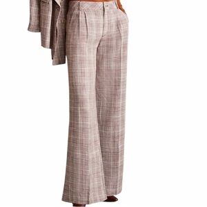 Anthropologie Maeve Avery Pleated Plaid Wide Leg Trousers Cotton Linen Size 12